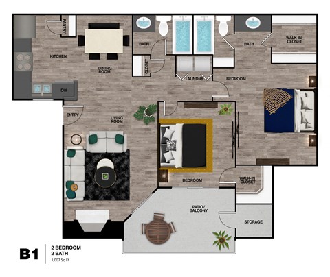 A floor plan of a one bedroom apartment with a balcony.